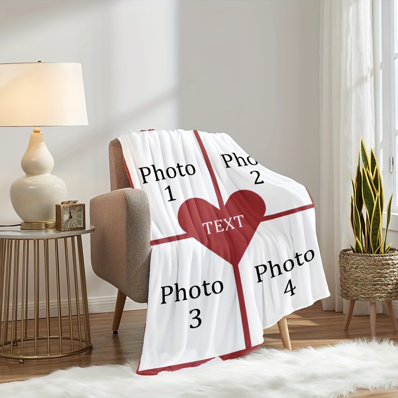 Personalized Photo Heart Pattern Flannel Blanket - Gift for Family